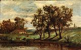 Pond Canvas Paintings - man with cows grazing near pond with house and trees in background